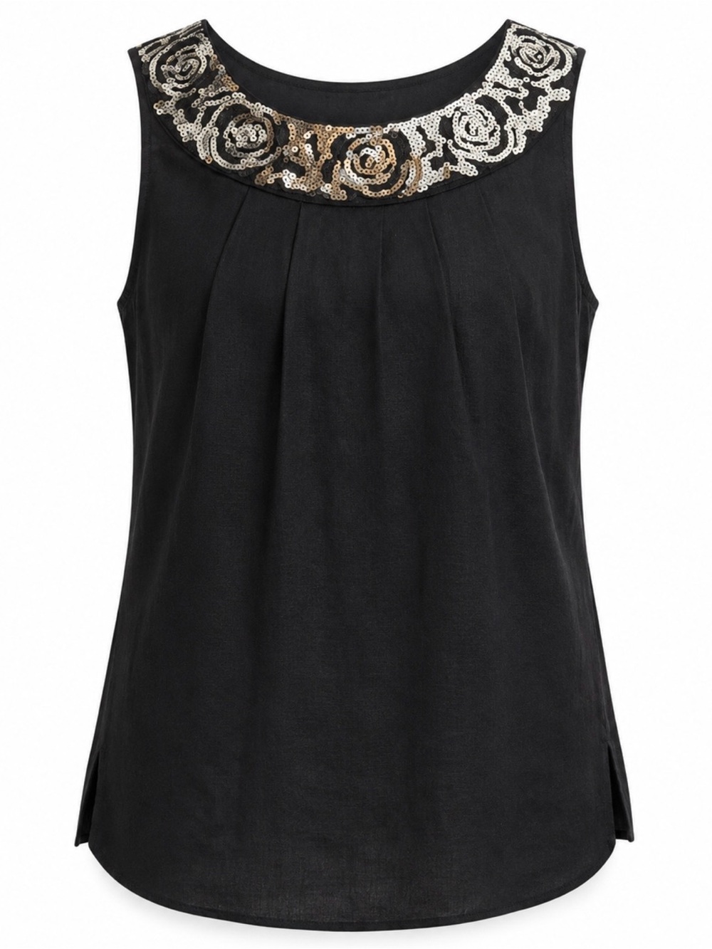 Mandarin Blue Black Linen Blend Sequin Embellished Tunic Top Large